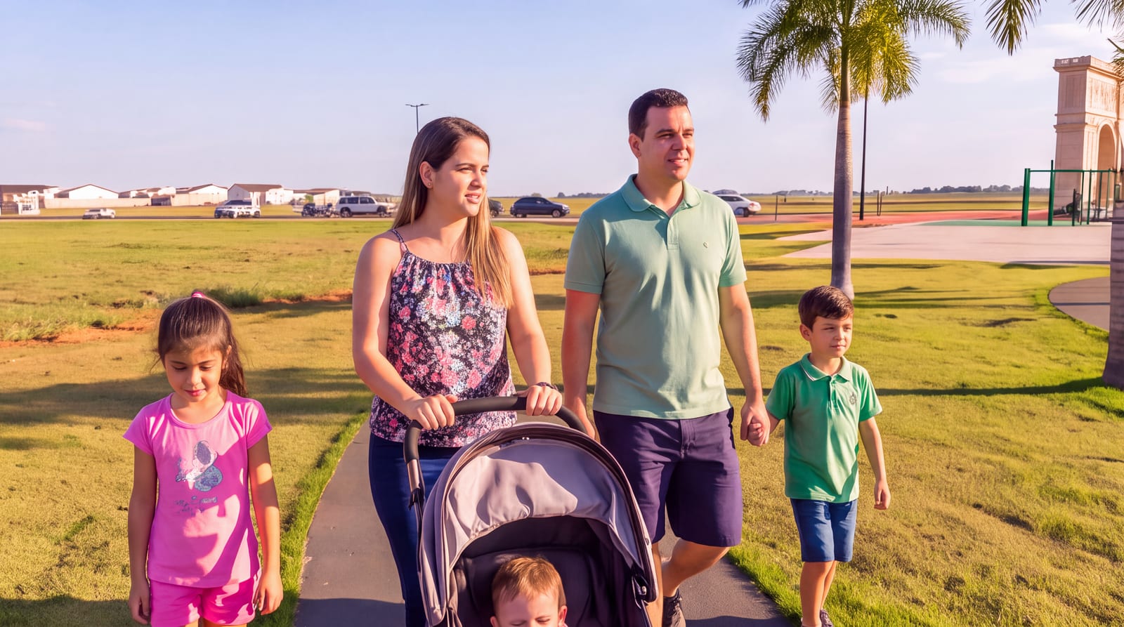 Render de uma família caminhando com carrinho de bebê no parque linear